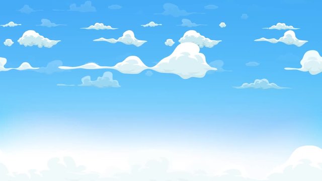 Cartoon Clouds Background Seamless Looping/
Animation of a cartoon spring or summer blue sky backdrop with clouds layers moving to the left
