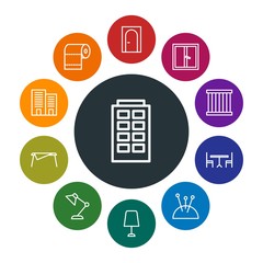 buildings, furniture, housekeeping Infographic Colorful outline Icons Set. Contains such Icons as building,  needle,  sewing,  jail, architecture,  desk,  table and more. Fully Editable. Pixel Perfect