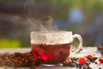 Red Hot Hibiscus tea in a glass mug