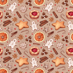 Seamless pattern. Gingerbread cookies and Christmas spices illustrations