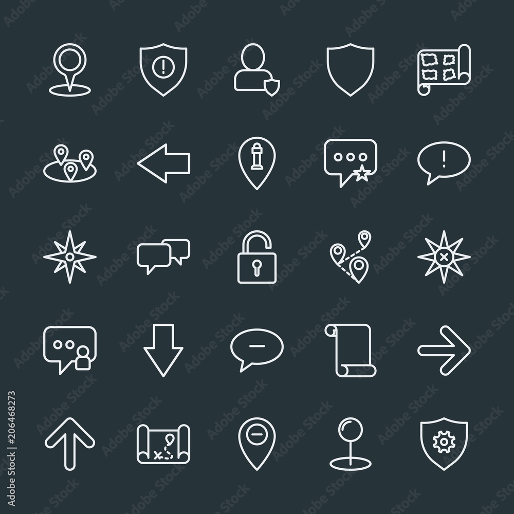 Aufkleber modern simple set of location, arrows, chat and messenger, security vector outline icons. contains s