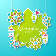 Ramadan kareem design background. Paper cut flowers, traditional lanterns, moon and stars. Vector illustration.