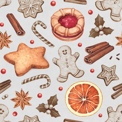 Seamless pattern. Gingerbread cookies and Christmas spices illustrations