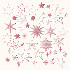 Set of rose gold stars. Sparkle vector sketch.