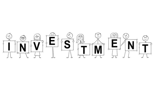Cartoon stick man drawing conceptual illustration of businessmen and businesswomen holding signs with investment text.