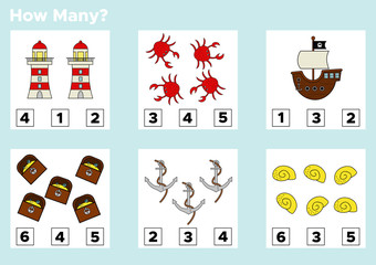 How many educational counting game for preschool kids. Pirate theme. Count and choose the answer. Vector illustration.