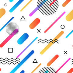 Abstract memphis style retro seamless background with multicolored simple geometric shapes. Pattern with triangles, circles, lines