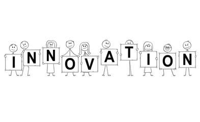 Cartoon stick man drawing conceptual illustration of businessmen and businesswomen holding signs with innovation text. Business concept of creativity.