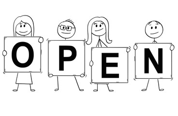 Cartoon stick man drawing conceptual illustration of businessmen and businesswomen holding signs with open text.