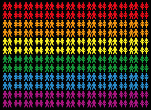 Gay pride colored background with gay and lesbian love couples, symbol for tolerance, equal rights and liberty concerning homosexual lifestyle - icons that form a colorful field. Vector on black.