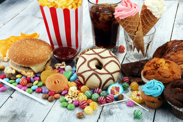 Unhealthy products. food bad for figure, skin, heart and teeth.