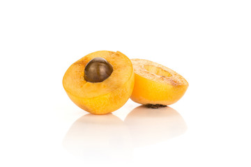 One fresh orange Japanese loquat cut in two halves with a seed inside isolated on white background.