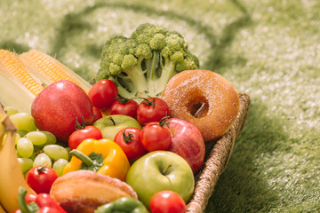 Picnic basket with food on green sunny lawn.