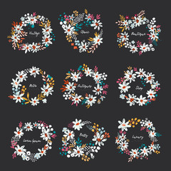 Set of beautiful colorful wreath. Vector template with flowers, petals and leaves. Ornament elements.