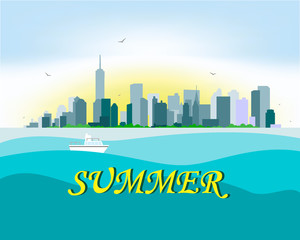 Fototapeta premium sunny new york on the horizon of the ocean with a yacht on the waves