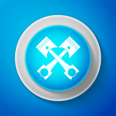 White Two crossed engine pistons icon isolated on blue background. Circle blue button with white line. Vector Illustration