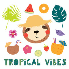 Hand drawn vector illustration of a cute funny sloth in a straw hat, with summer elements, lettering quote Tropical vibes. Isolated objects. Scandinavian style flat design. Concept for children print.