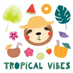 Papier Peint photo Lavable Illustration Hand drawn vector illustration of a cute funny sloth in a straw hat, with summer elements, lettering quote Tropical vibes. Isolated objects. Scandinavian style flat design. Concept for children print.
