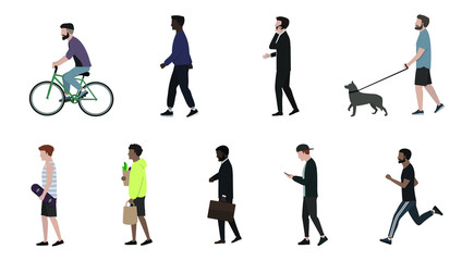 Fototapeta na wymiar Men perform various actions - walking a dog, going to a business meeting, riding a bicycle, running, talking on the phone, carrying bags of groceries, walking. Group of male flat cartoon.