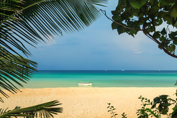 Snow-white beach and turquoise sea on the island in  Cambodia.