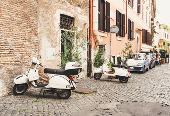Old street in Trastevere, Rome, Italy. Trastevere is rione of Rome, on the west bank of the Tiber in Rome, Lazio, Italy.  Architecture and landmark of Rome