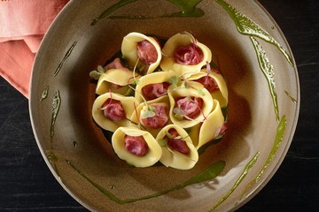 Beet Tortellini with Spinach Sauce and Butter Cream