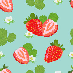 Seamless pattern of strawberries plant consists of leaves, stems and flowers on green background template. Vector set of fruit element for advertising, packaging design of strawberry products.
