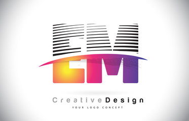 EM E M Letter Logo Design With Creative Lines and Swosh in Purple Brush Color.