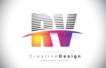 RV R V Letter Logo Design With Creative Lines and Swosh in Purple Brush Color.