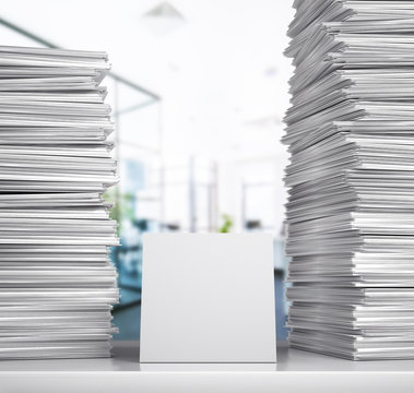Documentation. A stack of white papers lie on a desk in an office room. 3d illustration