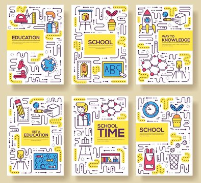 Thin line school class brochure card set.  Pupils in classroom of flyear, magazines, poster, book cover, banner. Outline equipment invitation concept