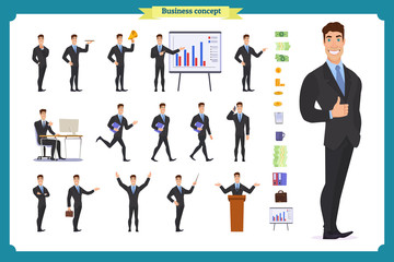 People character business set.Young businessman in formal wear.Different poses and emotions, running, standing, sitting, walking, happy, angry. Full length, front, rear view against 
