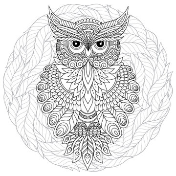 Coloring book for adult and older children. Coloring page with cute owl and floral frame.
