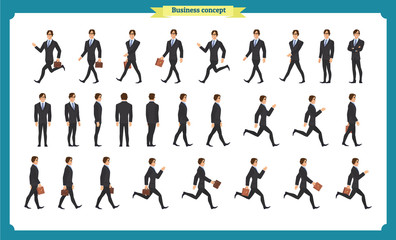Fototapeta na wymiar Collection set of Walking and running businessman. Walk, run, active. Variety of movements. Flat Character man cartoon style, Side view, haft front view,Vector design isolated vector.