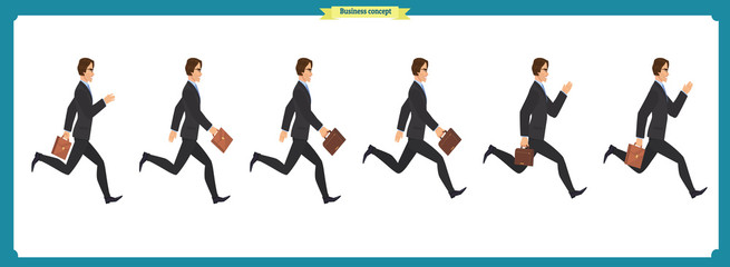 Collection set of Walking and running businessman. Walk, run, active. Variety of movements. Flat Character man cartoon style, Side view, haft front view,Vector design isolated vector.