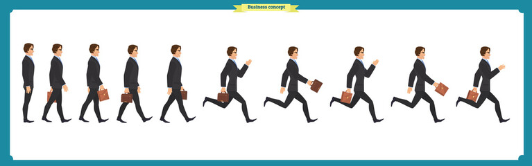 Collection set of Walking and running businessman. Walk, run, active. Variety of movements. Flat Character man cartoon style, Side view, haft front view,Vector design isolated vector.