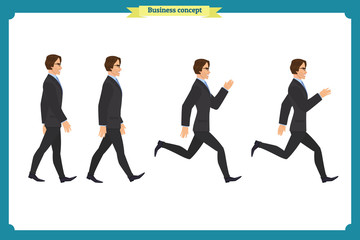 Collection set of Walking and running businessman. Walk, run, active. Variety of movements. Flat Character man cartoon style, Side view, haft front view,Vector design isolated vector.