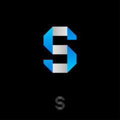 S monogram. S origami logo. S letter like blue and white ribbon on a dark background. Monochrome option.