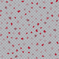 Seamless pattern with falling red hearts on transparent background. Vector.