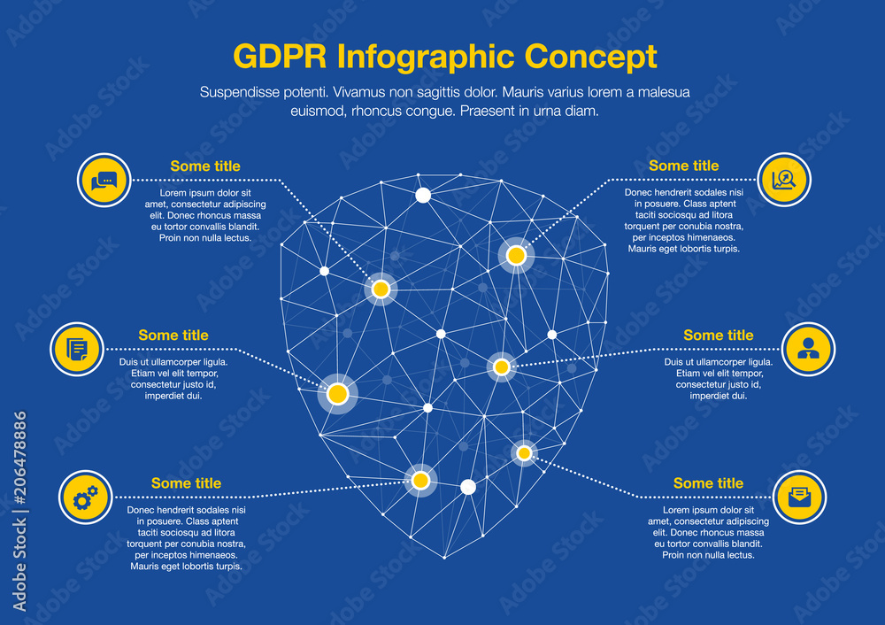 Poster european gdpr infographic concept with shield symbol made from network polygons as main symbol with 