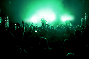 Fototapeta na wymiar Silhouettes of people in a bright in the pop rock concert in front of the stage. Hands with gesture Horns. That rocks. Party in a club