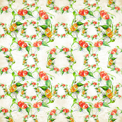 Fototapeta premium Flowers. Gloriosa - a branch with a flower, buds and leaves. Seamless background.A pencil drawing on a watercolor background. Use printed materials, signs, items, posters, postcards, packaging.