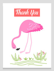 Flamingo or tropical birds illustration for party card. Summer exotic background. Vintage cute banner or spring holiday set.