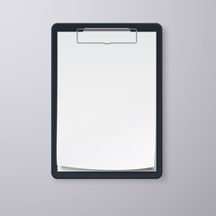 Black clipboard with blank white sheet. EPS 10