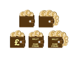 set of brown wallets with pound sterling coins