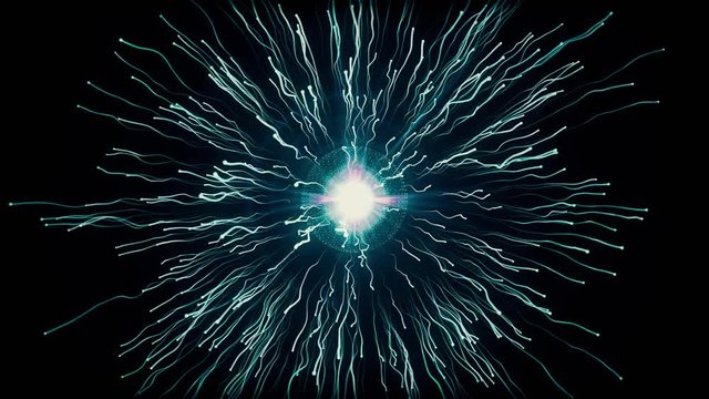 Particle collision and explosion. Bright blue particles with streams collide and create explosion shockwave with trails. Spherical multicolored explosion with flares isolated on black background. 4K