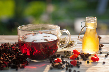 Red Hot Hibiscus tea in a glass mug