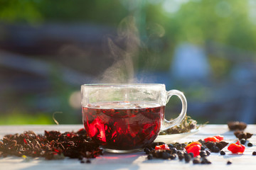 Red Hot Hibiscus tea in a glass mug