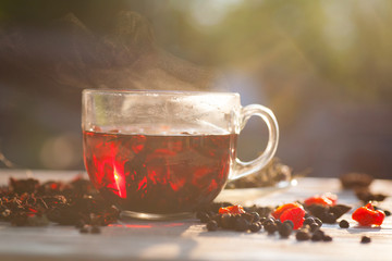 Red Hot Hibiscus tea in a glass mug