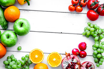 diet food with fresh fruits and vegetables salad white backgroun